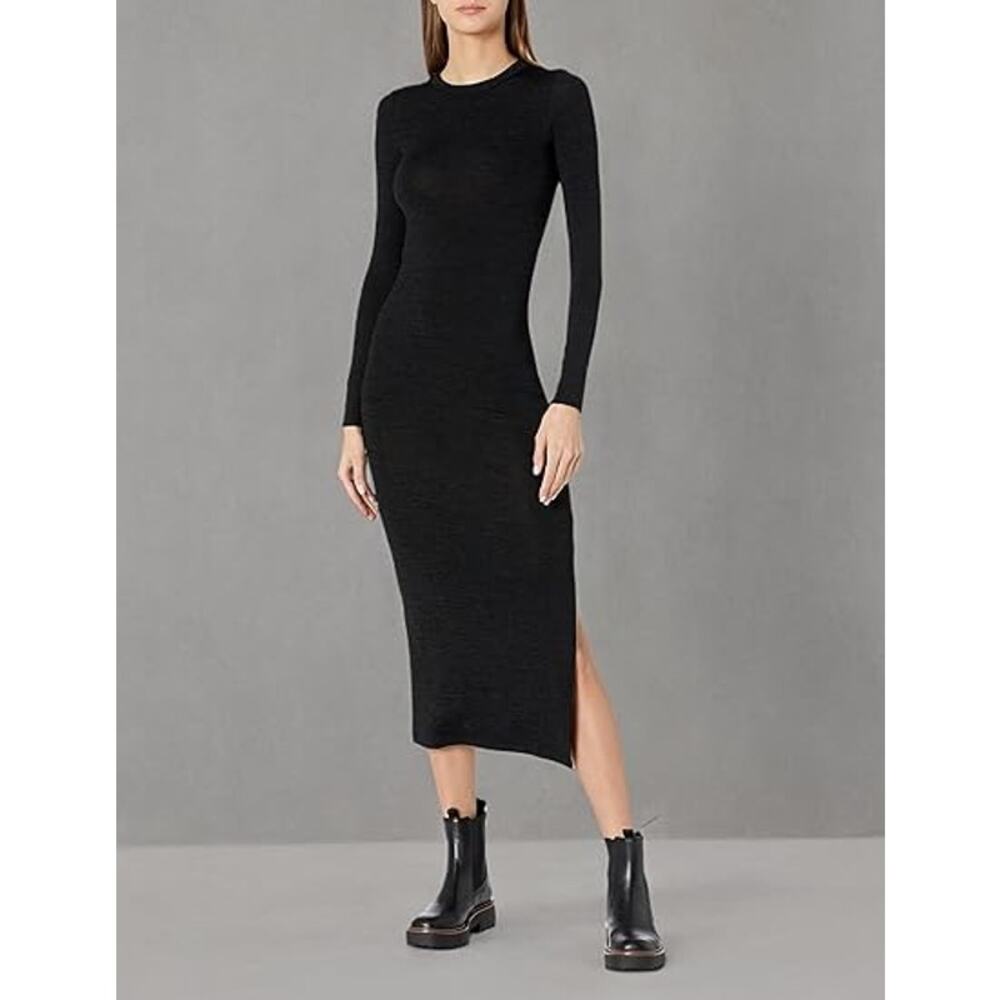 French Connection Black Long Sleeve Midi Bodycon Dress Viscose Stretch Slit M